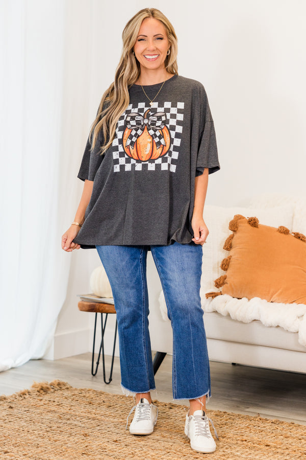 Checkered Pumpkin Boyfriend Tee, Charcoal