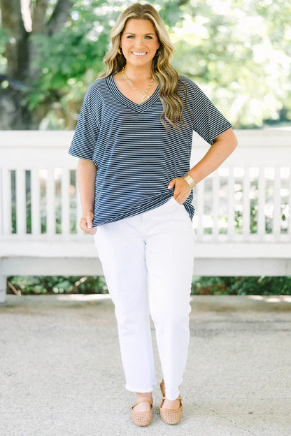 Effortless Staple Top, Navy Stripe