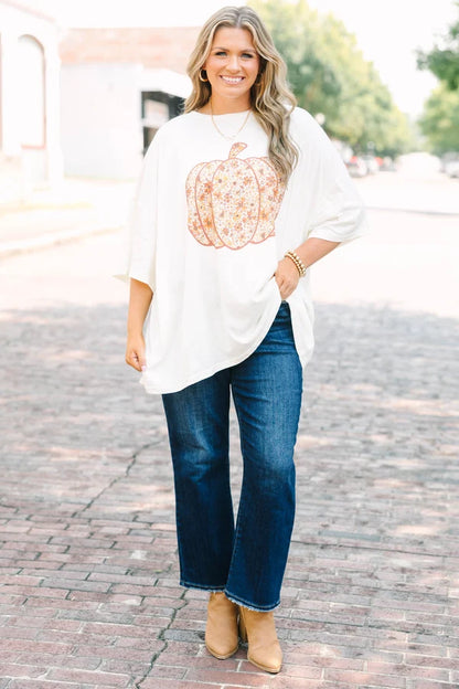 Floral Pumpkin Boyfriend Tee, Ivory