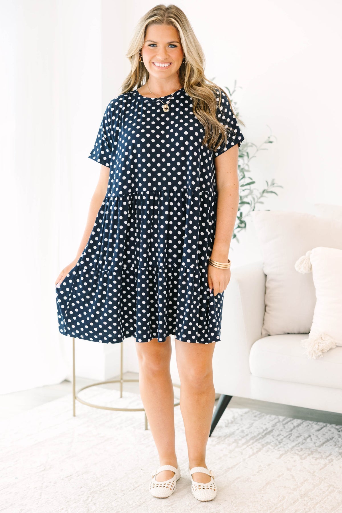 Long Distance Dress, Navy Polka Dot