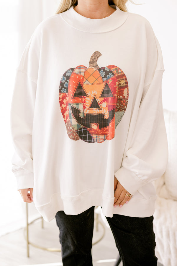 Patchwork Pumpkin Mock Neck Pullover, Ivory