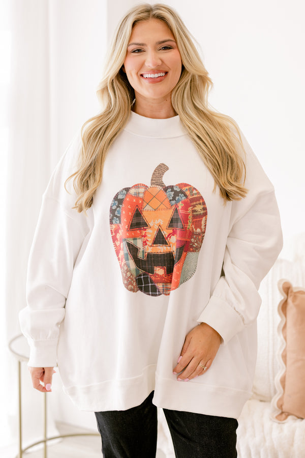 Patchwork Pumpkin Mock Neck Pullover, Ivory