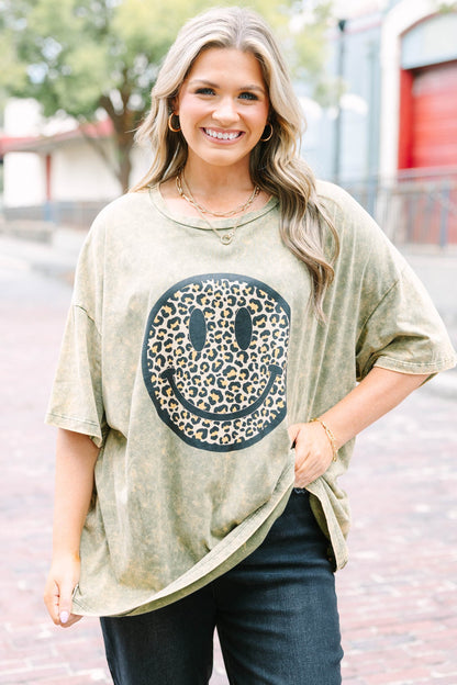Smiley Face Acid Wash Boyfriend Tee, Golden Olive
