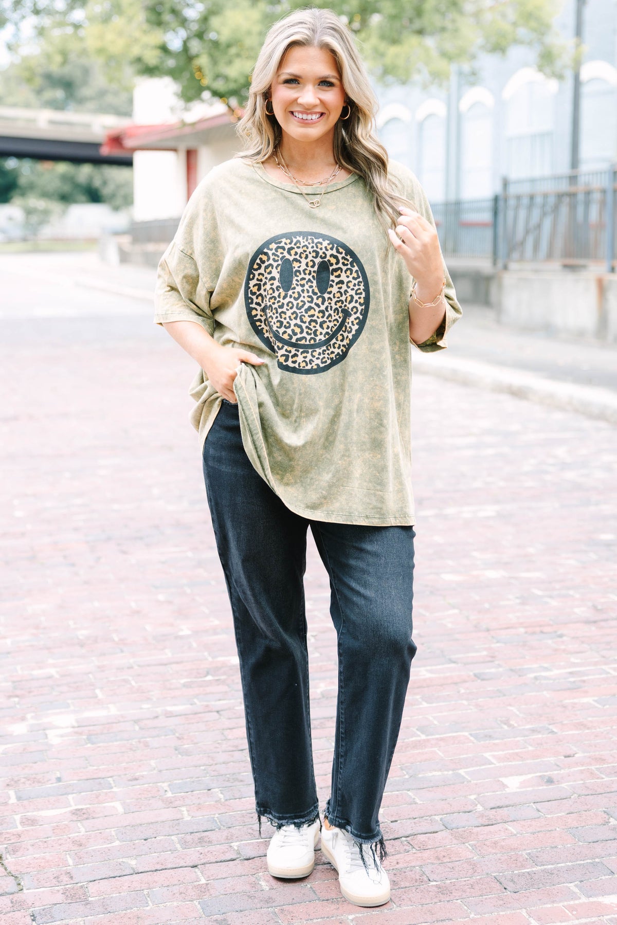 Smiley Face Acid Wash Boyfriend Tee, Golden Olive