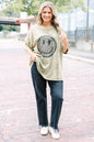 Smiley Face Acid Wash Boyfriend Tee, Golden Olive