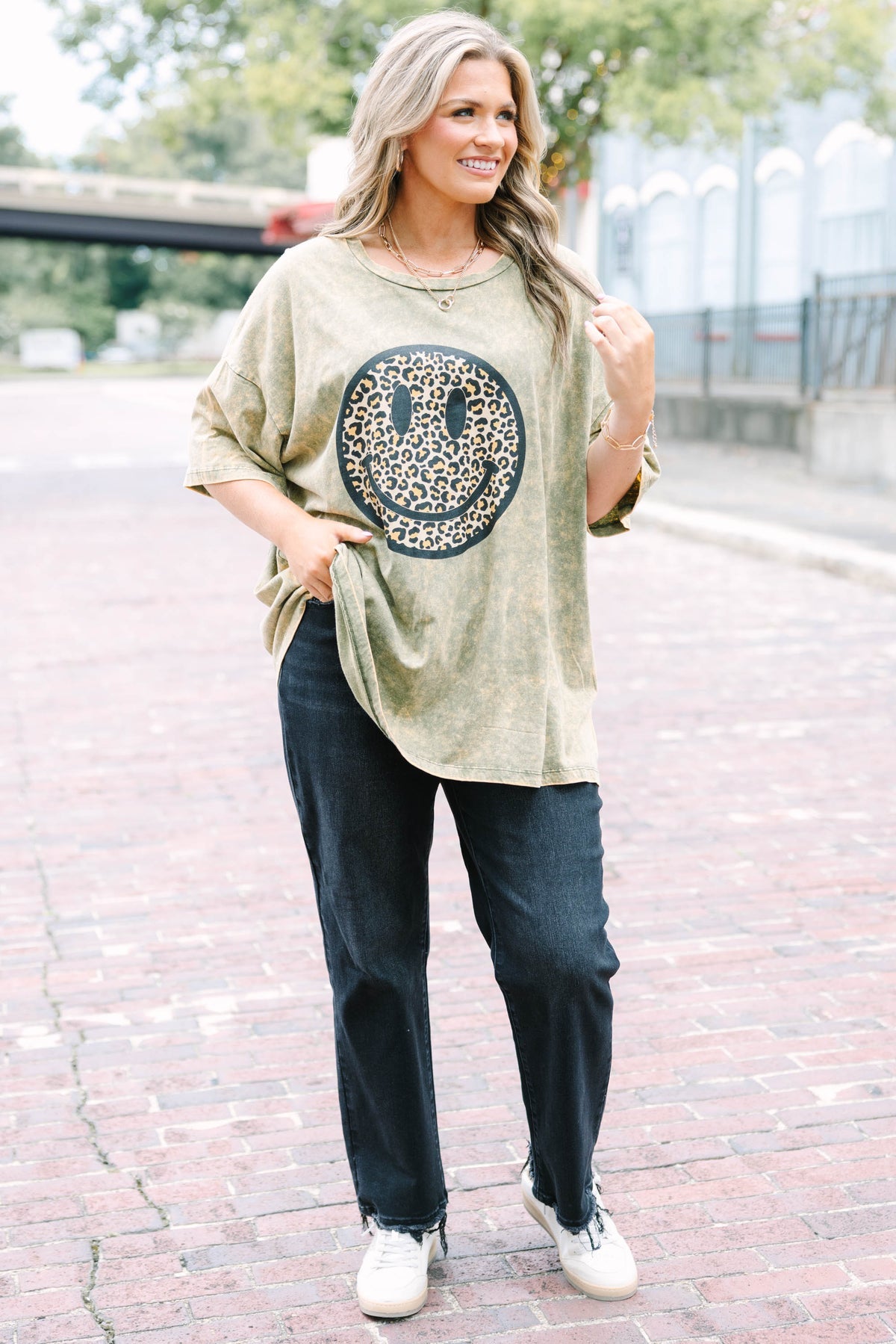 Smiley Face Acid Wash Boyfriend Tee, Golden Olive