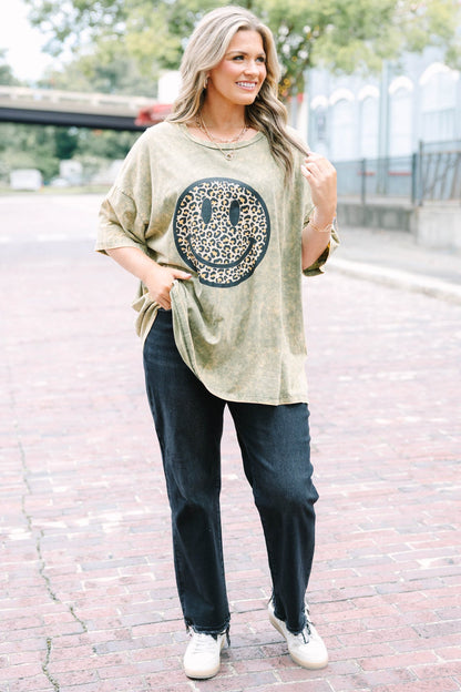 Smiley Face Acid Wash Boyfriend Tee, Golden Olive